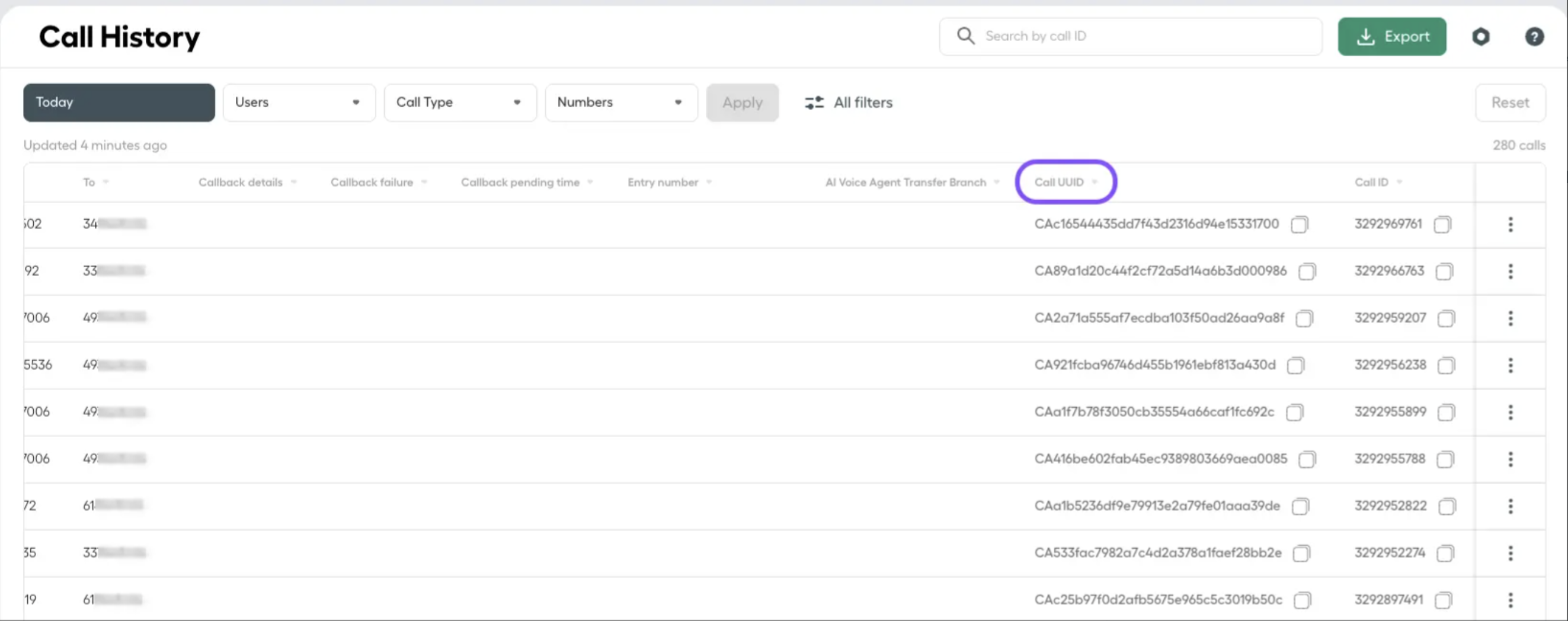 Image showing call ID column
