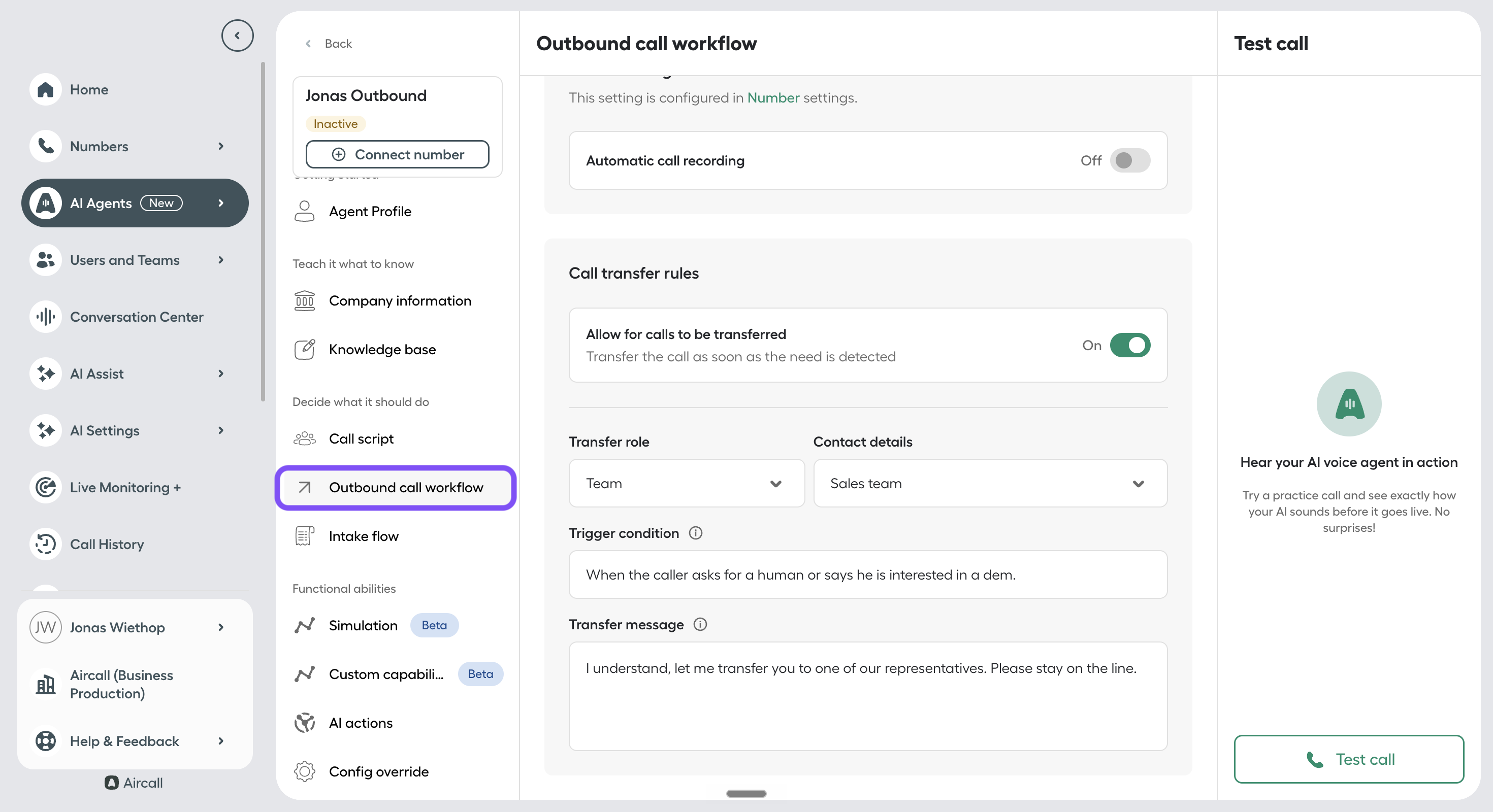 image showing outbound call workflow section