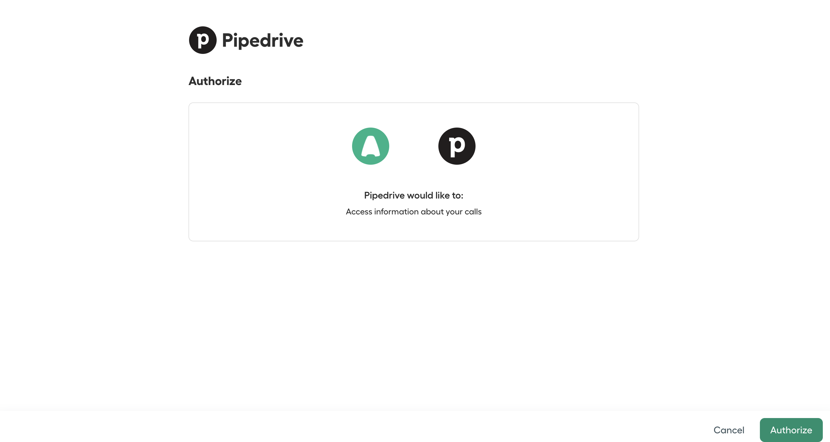 Authorization screen showing Aircall and Pipedrive logos with message asking permission to access call information and an Authorize button..png