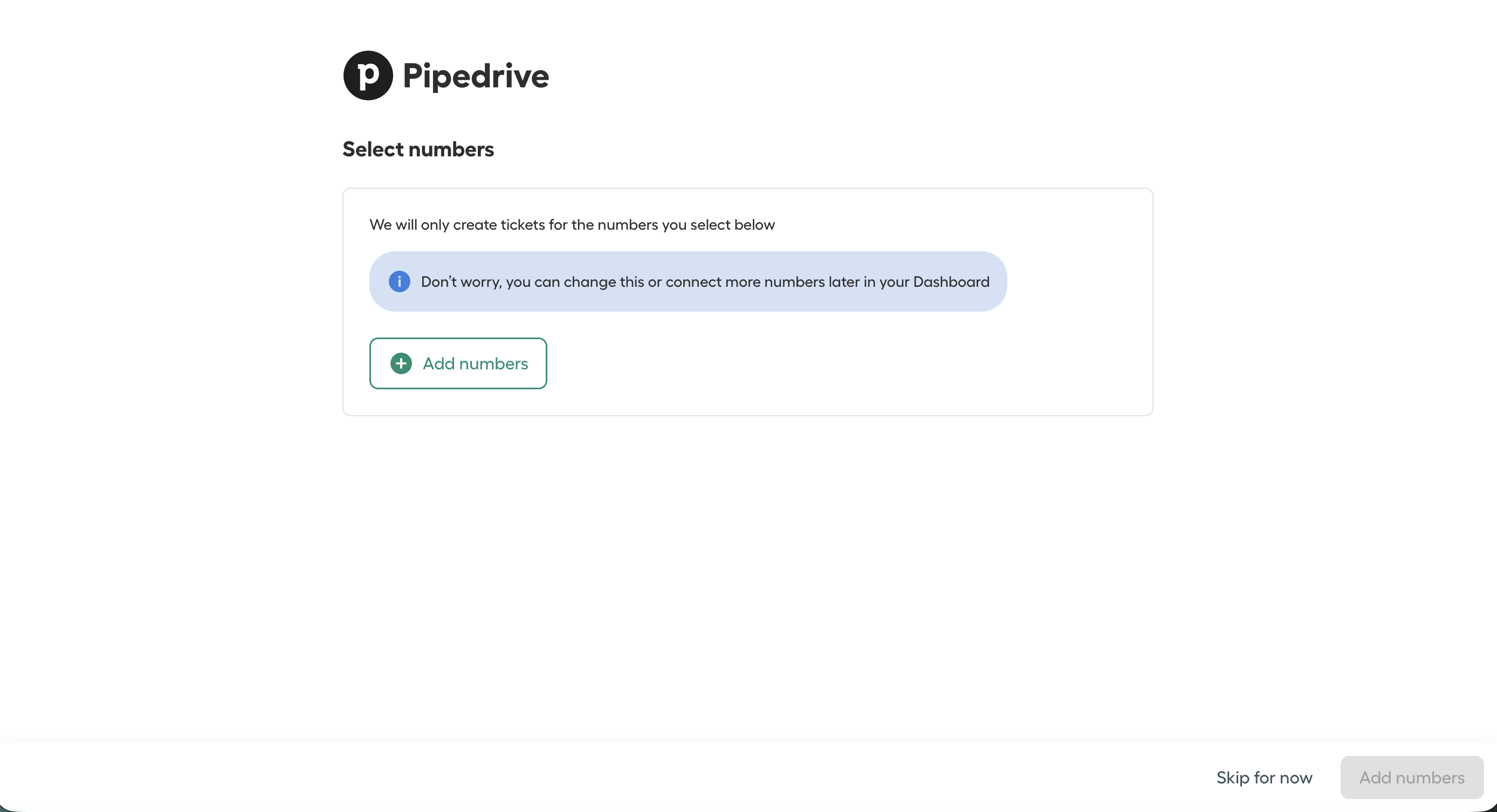 Setup screen prompting user to select Aircall numbers to connect with Pipedrive, with Add Numbers and Skip for now options..png