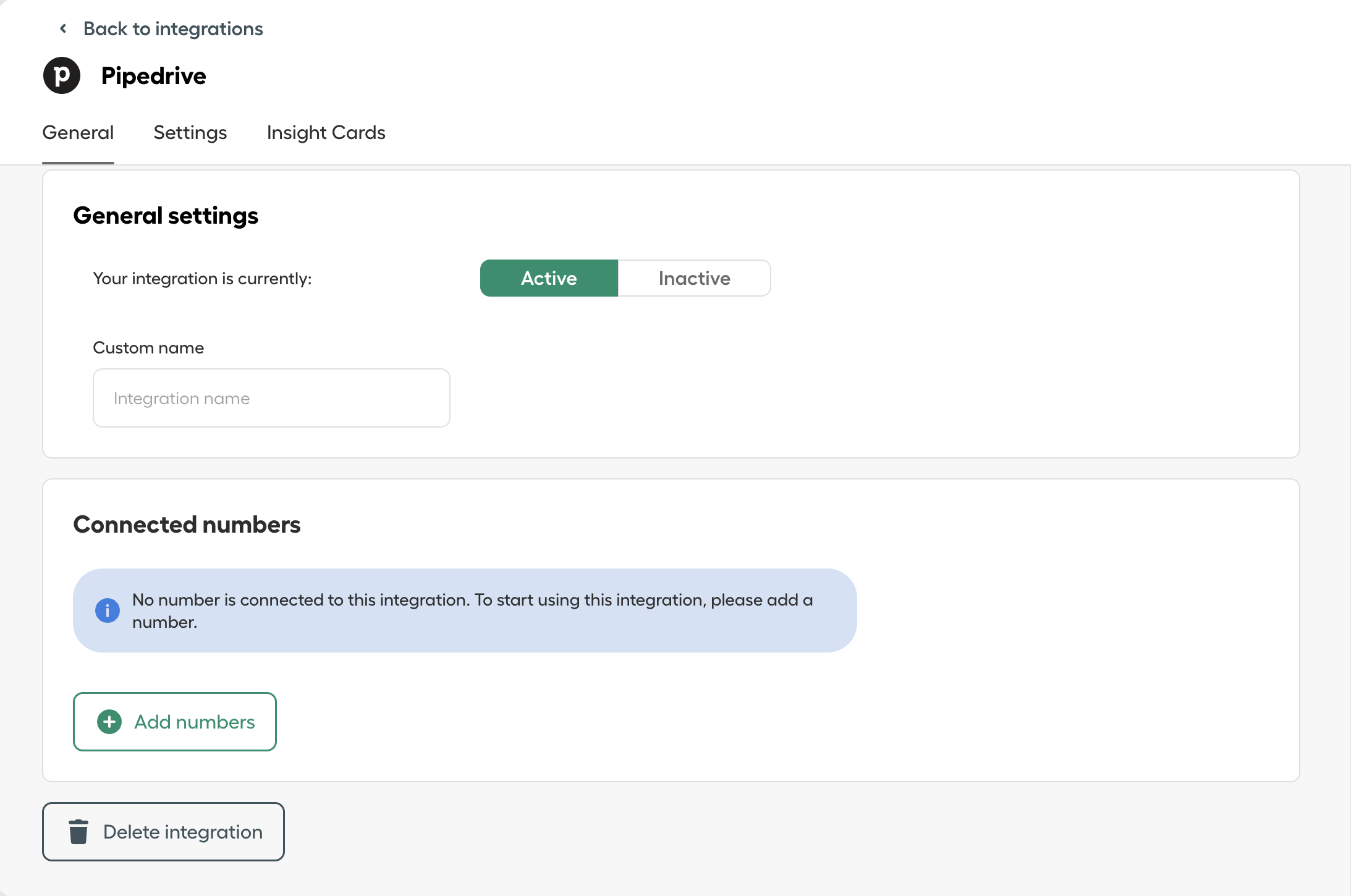 Integration settings page showing Pipedrive integration status toggle, connected numbers section, Add Numbers button, and Delete Integration option..png