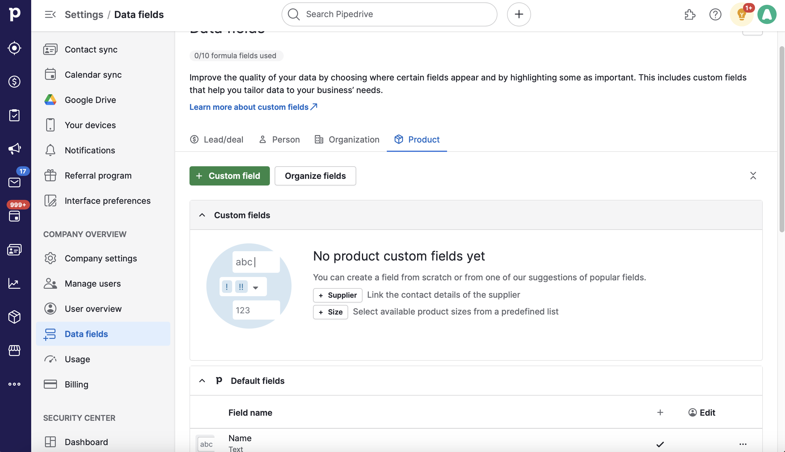 Pipedrive Data Fields settings under Product tab showing no product custom fields created yet, with options to add a custom field or organize fields..png
