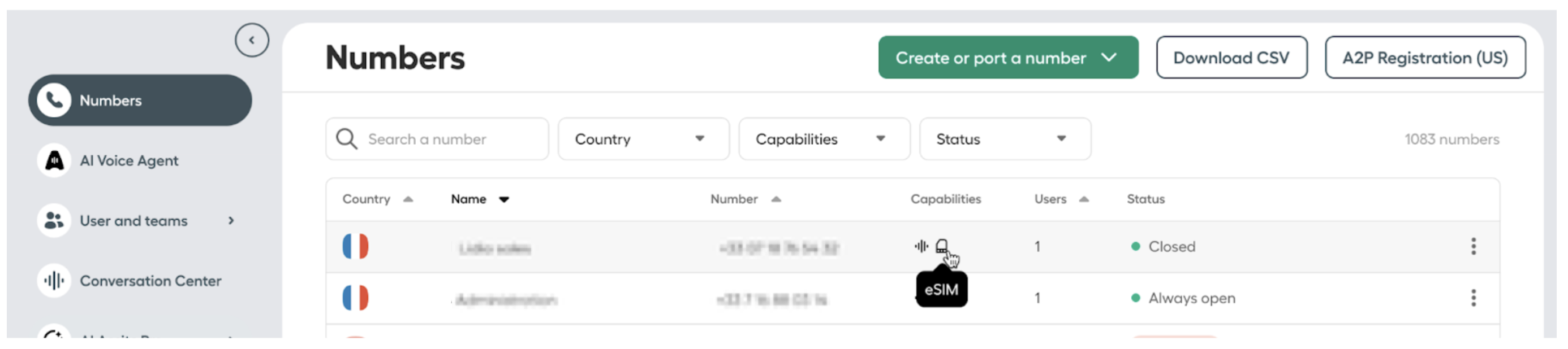 check the eSIM option from the numbers list