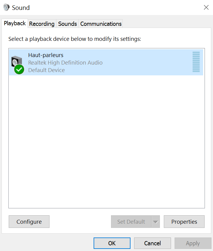 Immagine che mostra la scheda Riproduzione nelle impostazioni audio di Windows