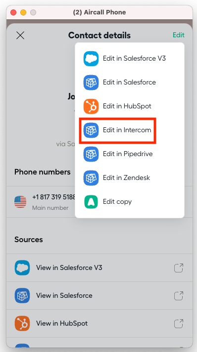 Pannello dei dettagli di un contatto di Aircall Phone che mostra le opzioni di modifica per le integrazioni Salesforce, HubSpot, Intercom, Pipedrive e Zendesk.