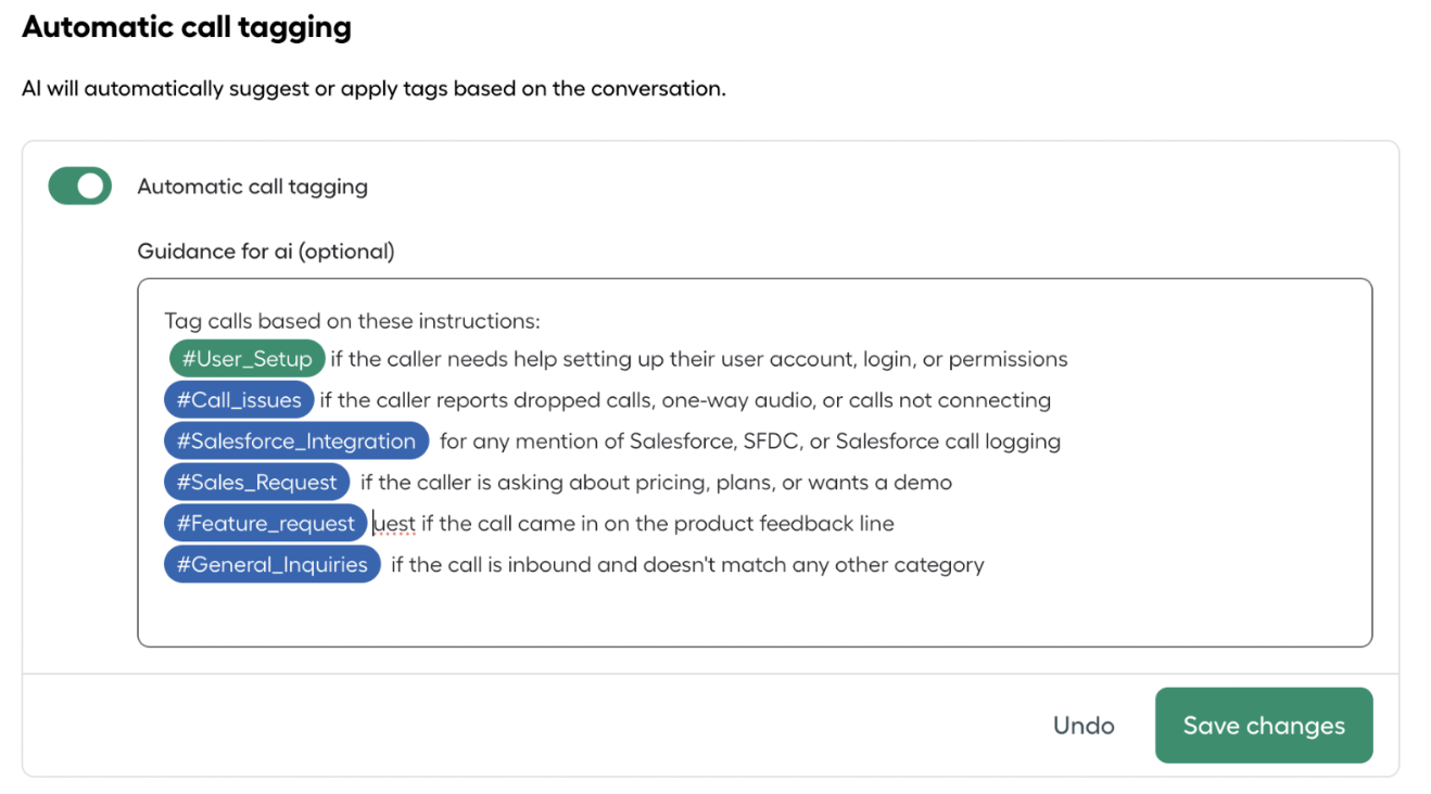 The number Settings page showing the Automatic call tagging section with the enable toggle.png