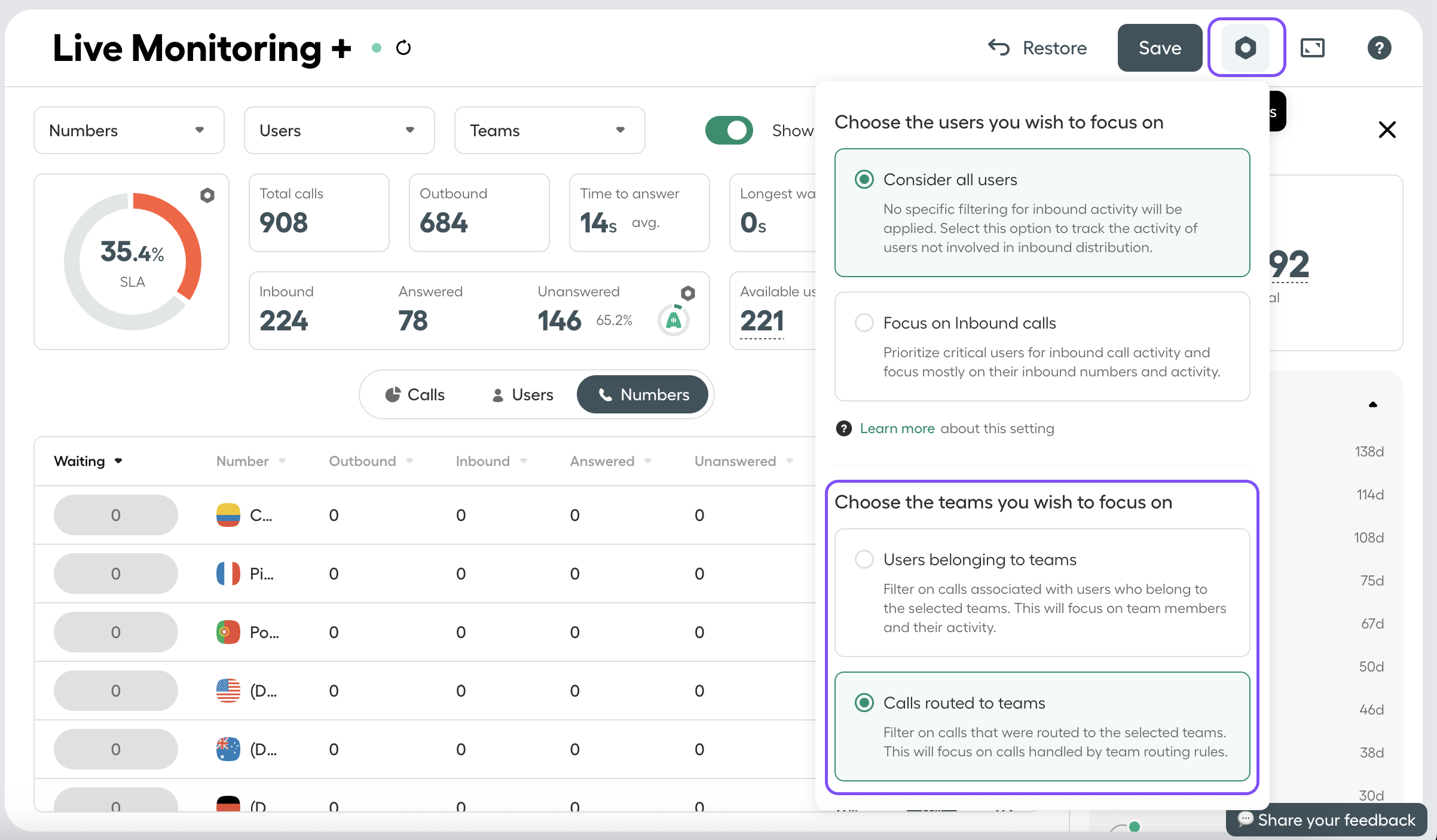 Immagine che mostra l'impostazione per scegliere i team sui quali concentrarsi in Live Monitoring+