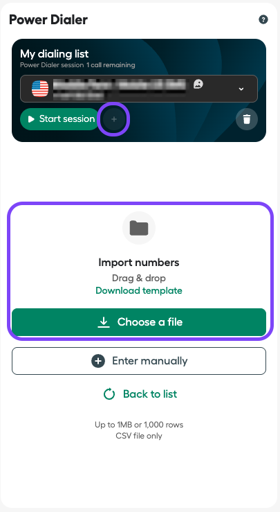 Immagine che mostra come importare Numeri dal Power dialer