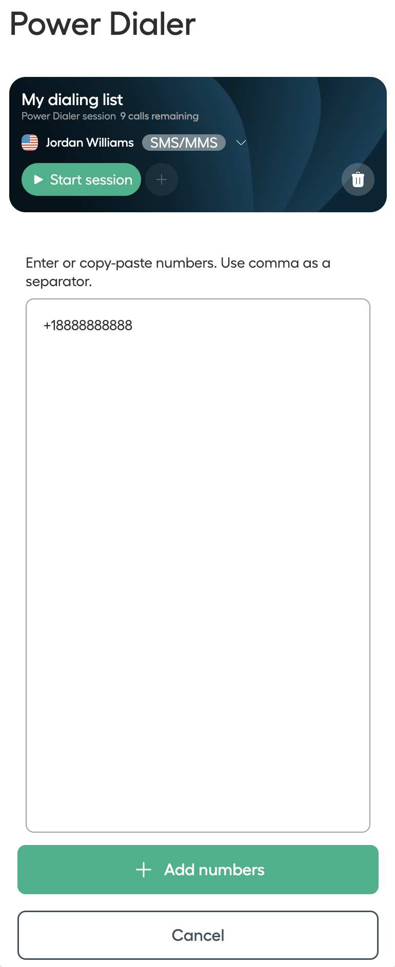 Immagine che mostra come aggiungere manualmente Numeri nel Power dialer