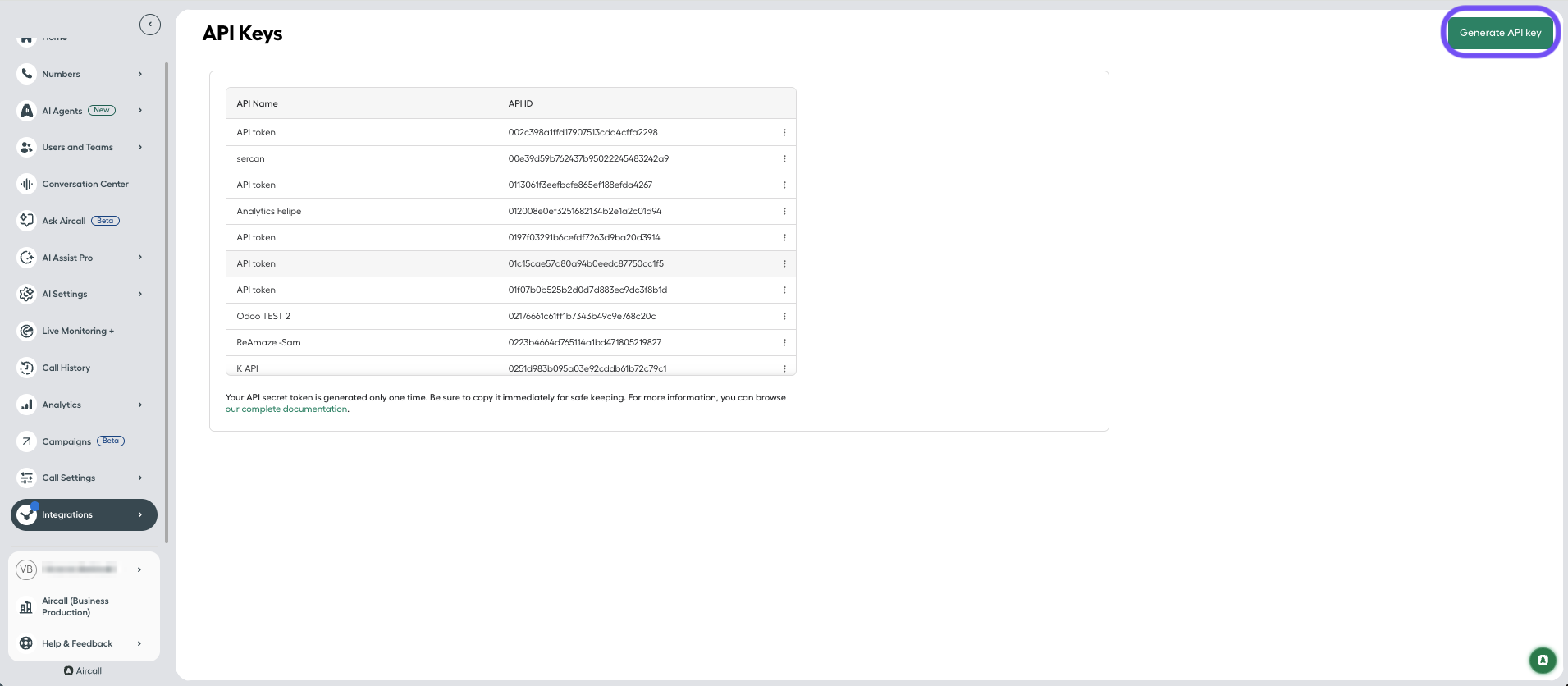 API Keys section