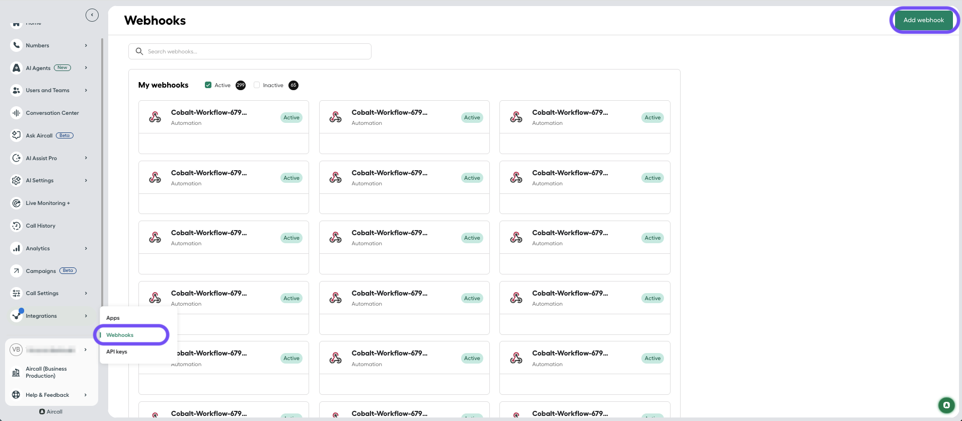 Webhooks tab